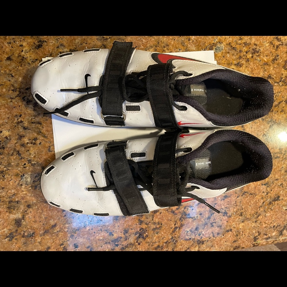 Nike weightlifting shoe; white with red swish; size 13